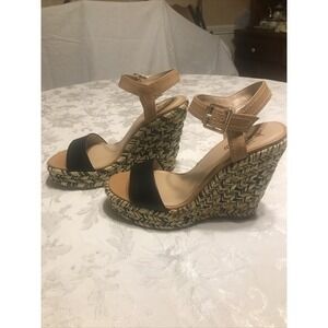 JustFab Womens Black Tan Woven Metallic Espadrille Wedge Sandals Ankle S10 Strap